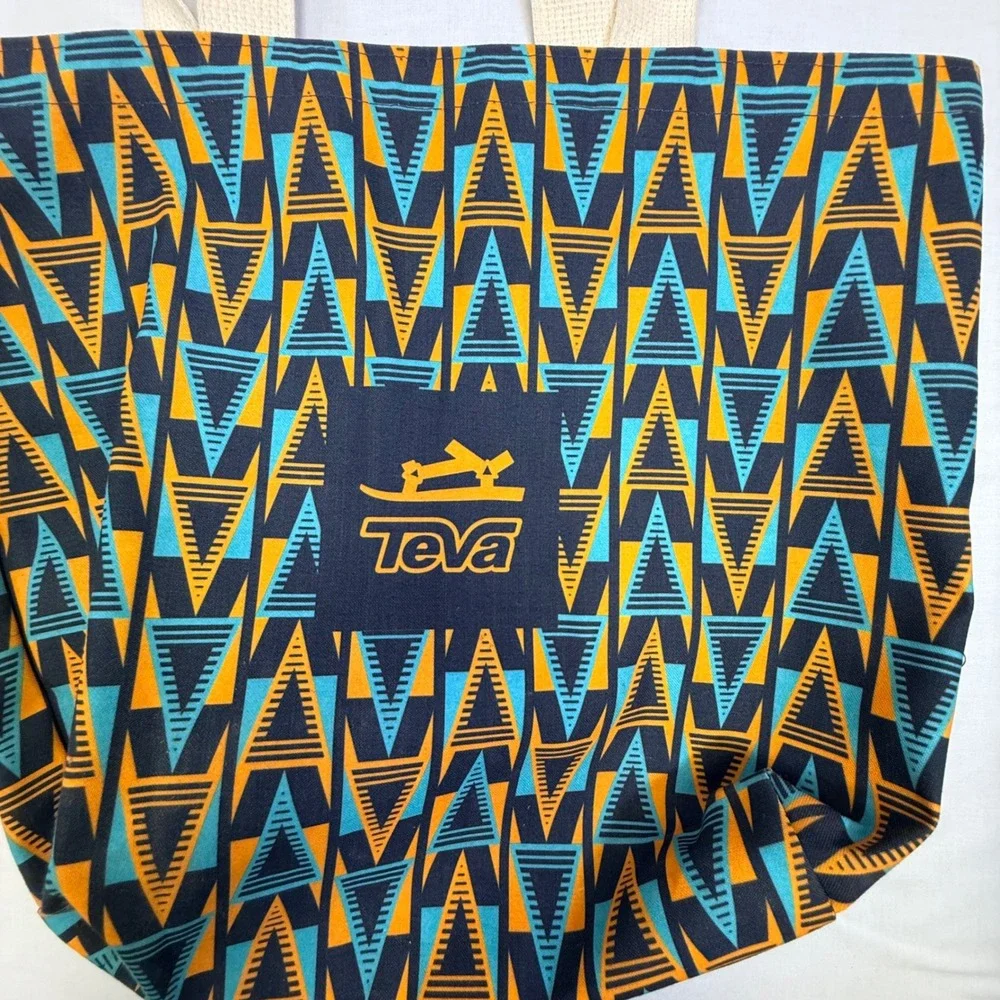 Teva Canvas Tote Bag‎ Geometric Triangle Pattern Navy Orange Teal Shopper